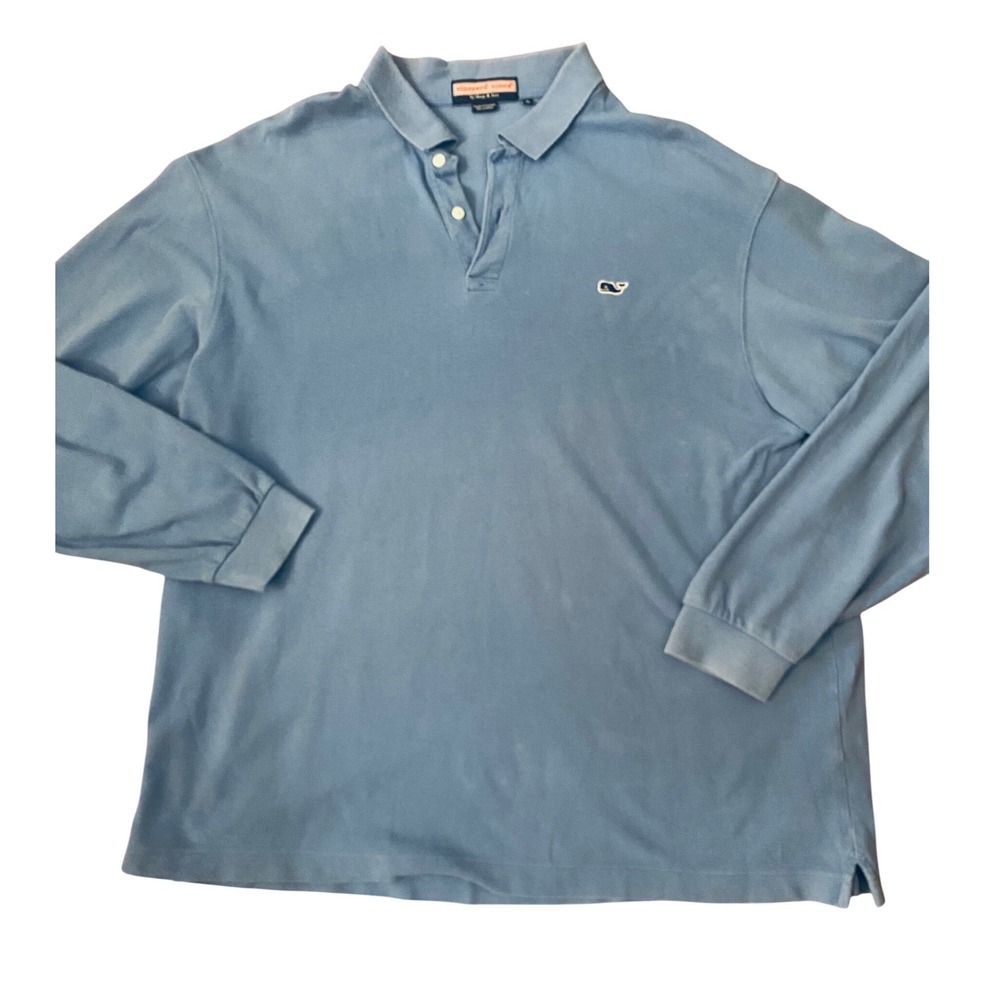 Vineyard Vines Mens XL Long Sleeve Polo Shirt Light Blue Cotton Pique Whale Logo